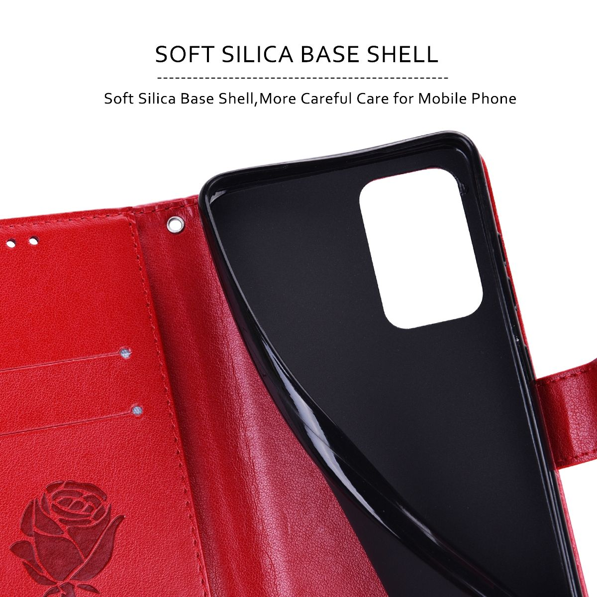 Eine offene rote Handyhülle mit einem schwarzen Telefon darin, das Gehäuse zeigt ein Rosendesign.