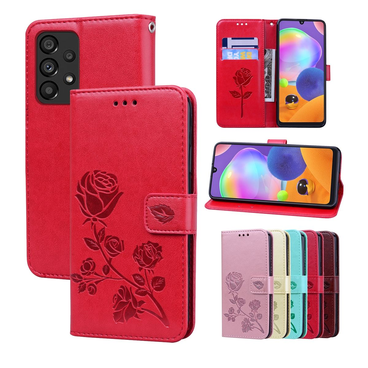 Rote Handyhülle mit Rosenmuster. Telefon im Inneren. Mehrere Farben.