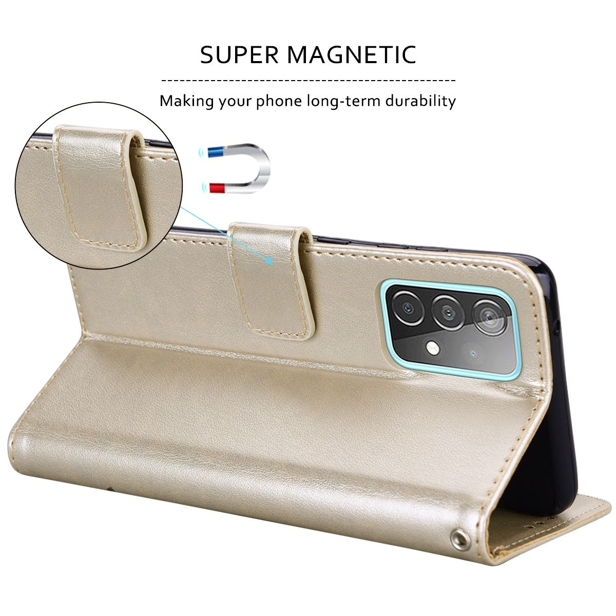 Goldenes Handy-Case mit Magnetverschluss, Telefon darin und Text 'SUPER MAGNETIC' oben.