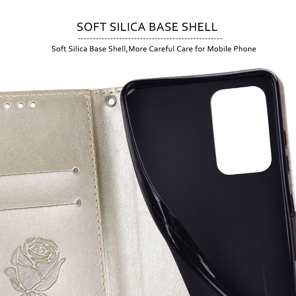 Geöffnete Handyhülle mit Telefon. Kartenfächer und Blumendesign innen.