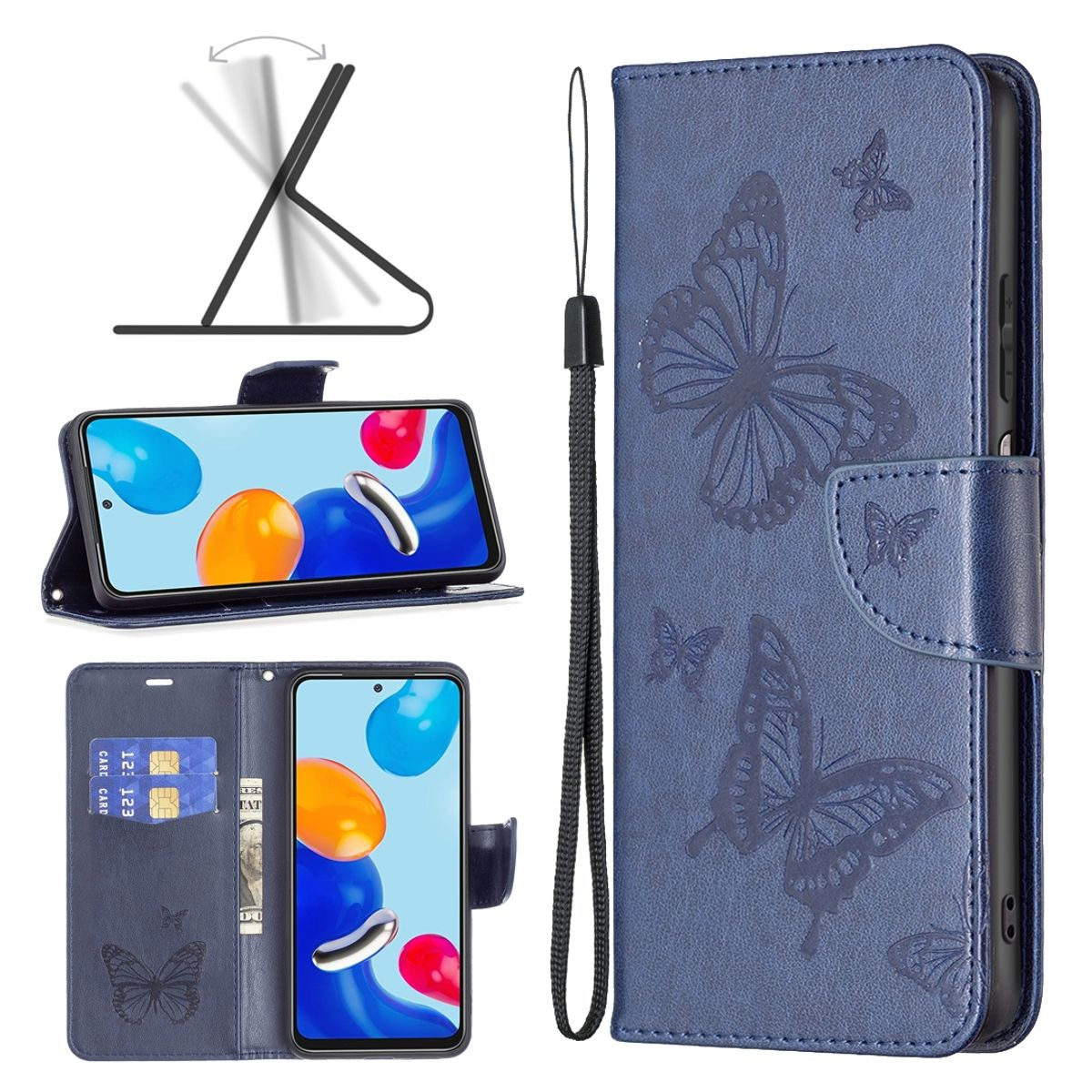 Blaue Handyhülle, offen. Telefon in der Hülle. Blaue Lederbrieftasche mit Schmetterlingsdesign. Ständiger Illustration.