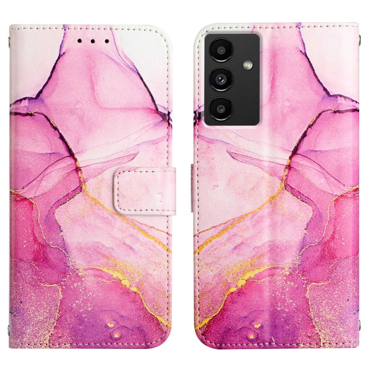 Eine offene Handyhülle mit einem rosa-lila Marmordesign. Die rechte Seite hat einen Kameraausschnitt.