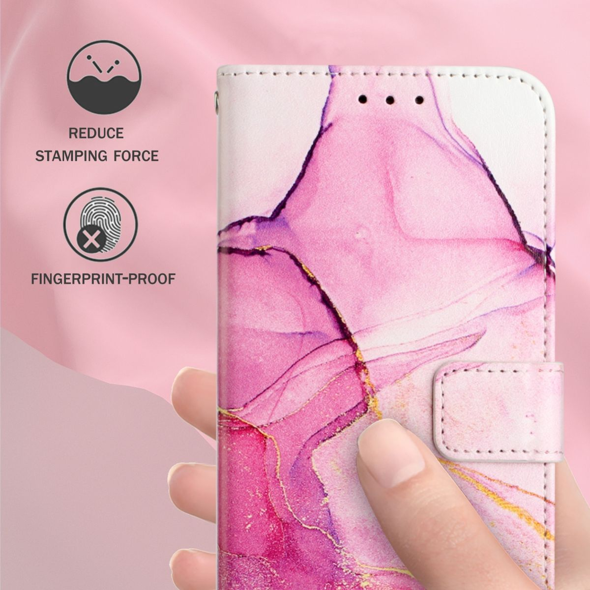 Eine Handyhülle mit farbenfrohem Design. Es ist weiß mit rosa und lila aquarellartigen Mustern. Zeigt ein fingerabdrucksicheres Symbol.