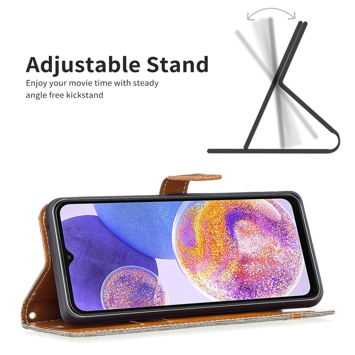 Ein Telefon in einer braunen Lederhülle mit Ständer. Zeigt den Bildschirm des Telefons in Benutzung.