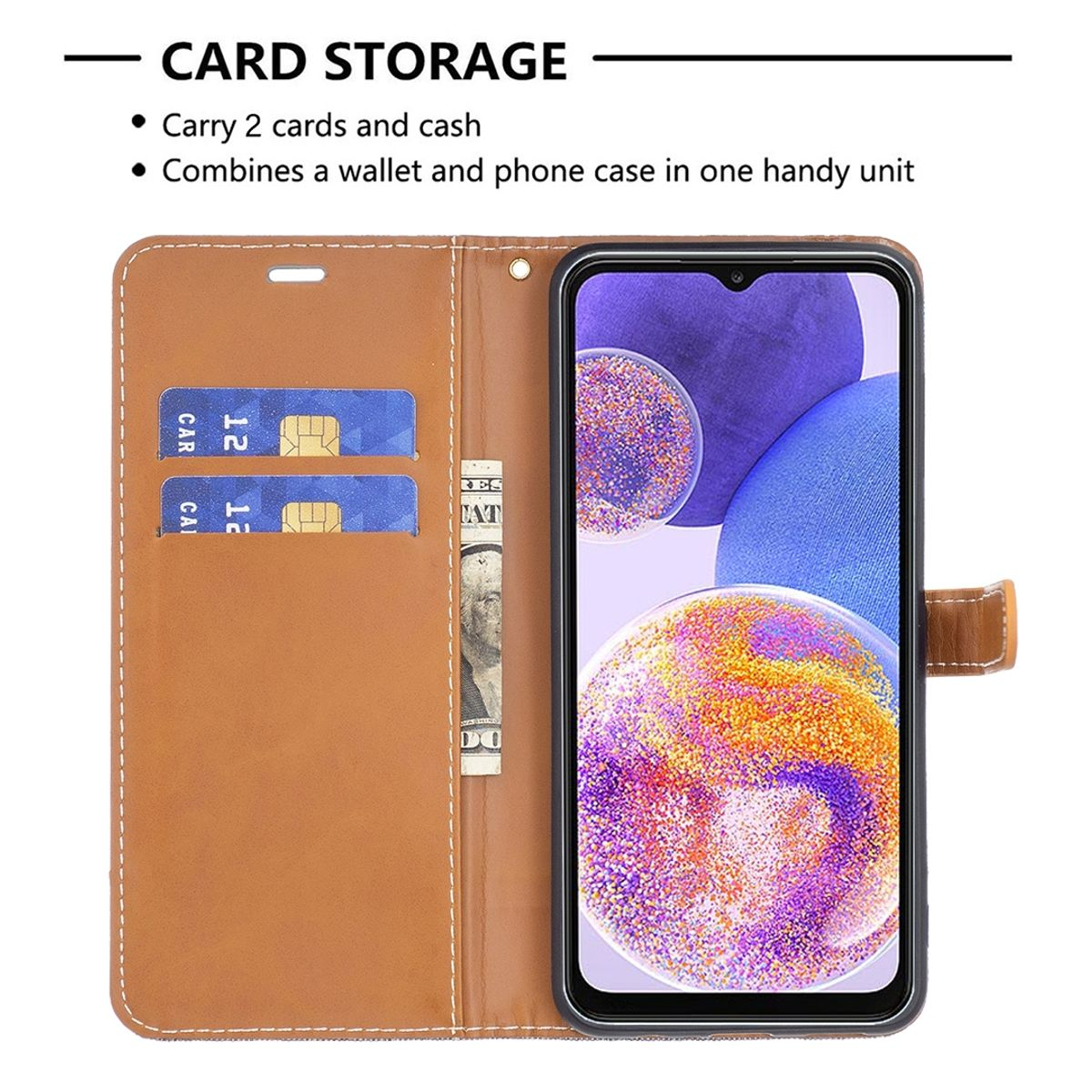 Geöffnete braune Handyhülle mit Karten und einem Dollarschein. Telefon wird gezeigt.