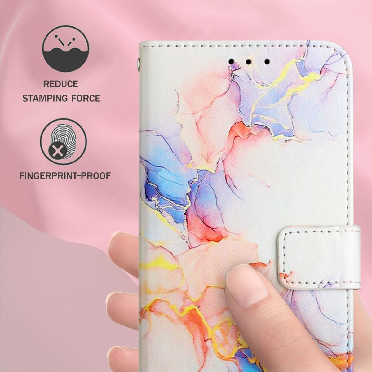 Weiße Handyhülle, offen, mit Telefon, Fingerabdruck- und Stempeldruckdetails.