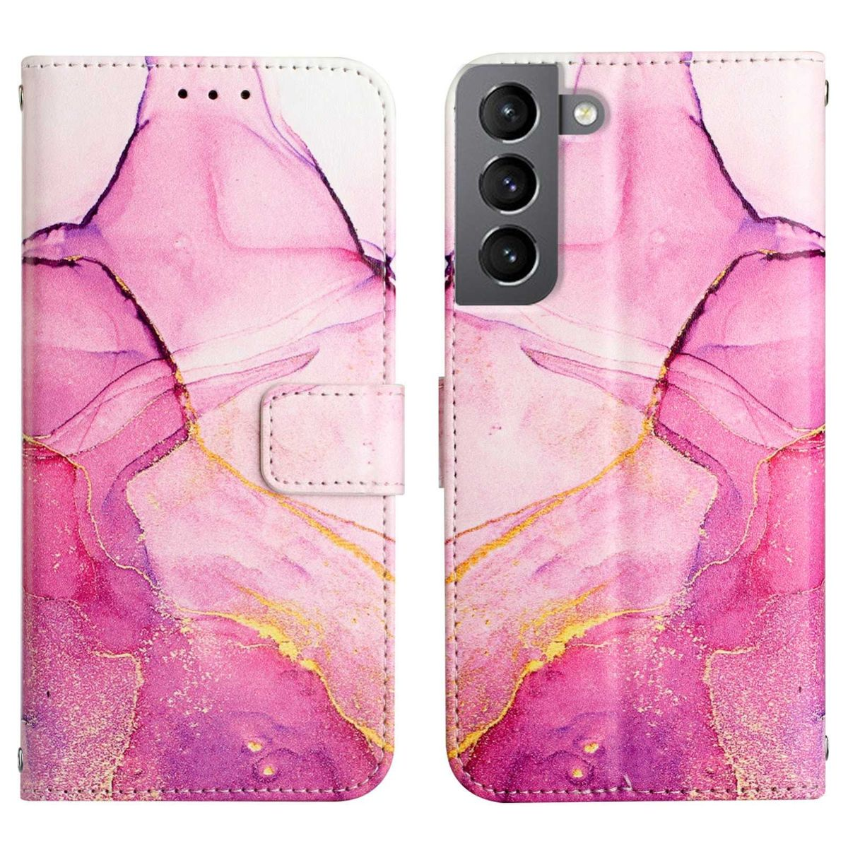 Handyhülle mit rosa abstrakter Kunst, weißem Innenraum und einem Telefon darin, geschlossen.