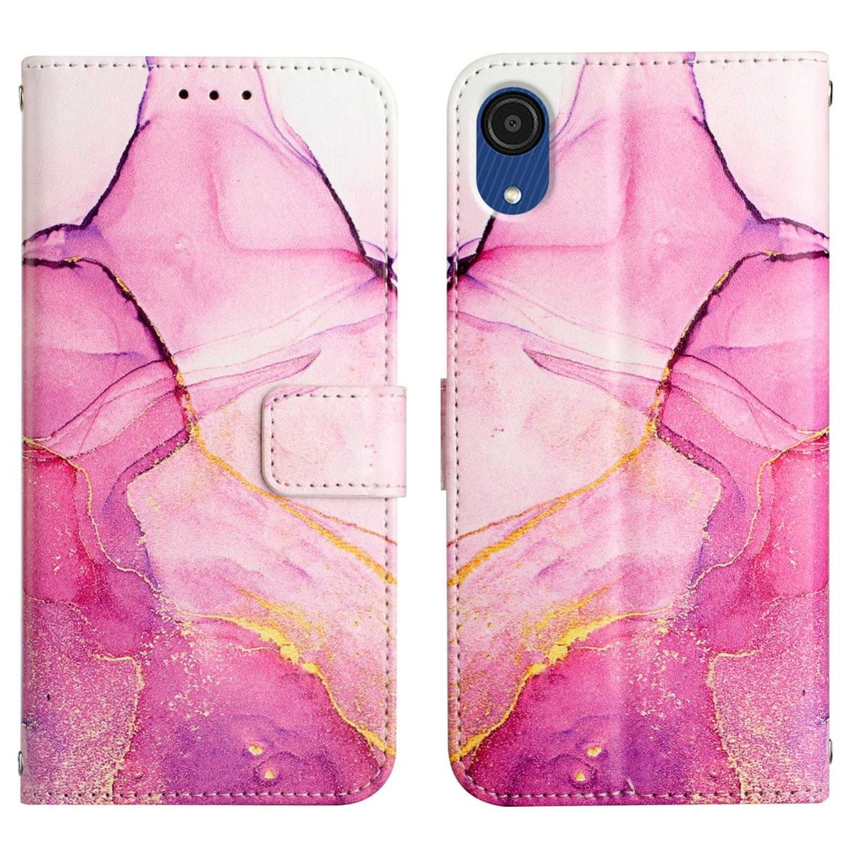 Eine Handyhülle, offen, zeigt ein Telefon mit einem rosa-lila Aquarellmuster. Es hat Kartenfächer.