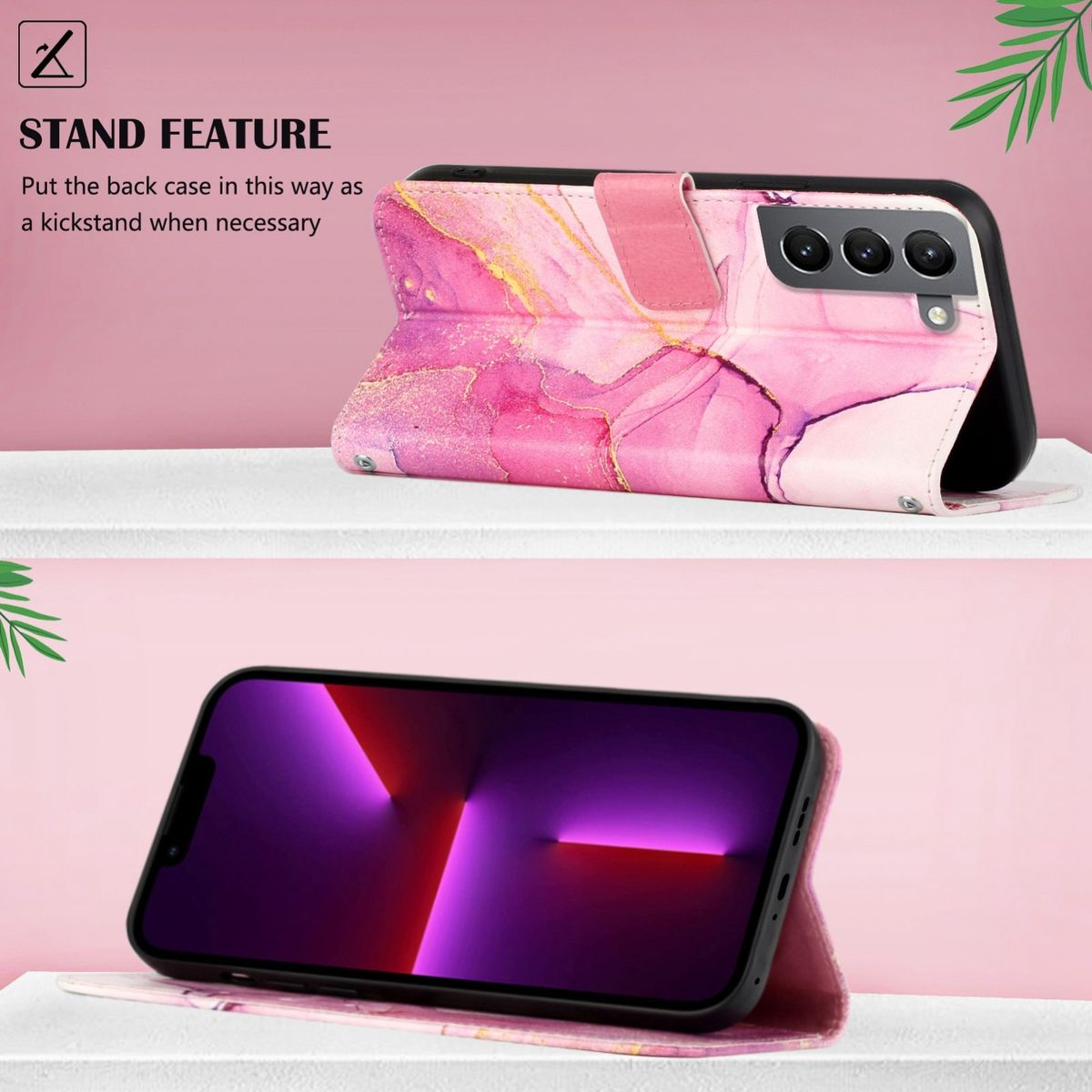 Rosafarbene Handyhülle aufgeklappt. Das Telefon steht in einem Ständer. Das Telefon hat ein rosa-goldenes Marmordesign.