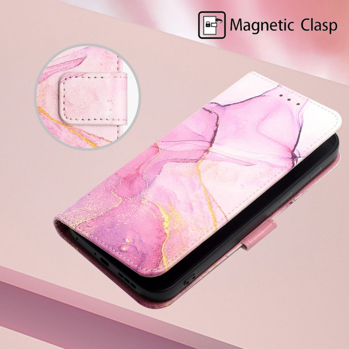 Eine rosa-weiße Handyhülle ist geöffnet, mit Magnetverschluss. Die Hülle hat ein Marmormuster.