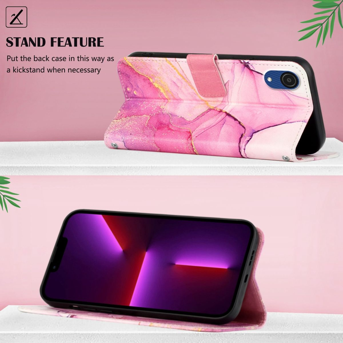 Eine Handyhülle mit rosa Marmordesign, offen, um ein Telefon im Standmodus zu zeigen. Die Hülle hat einen Magnetverschluss.