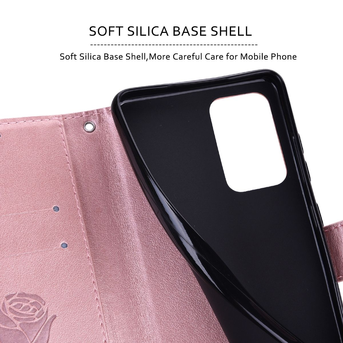 Rosa Handyhülle mit schwarzem Telefon im Inneren. Der Innenraum ist rosa mit Rosenmuster.