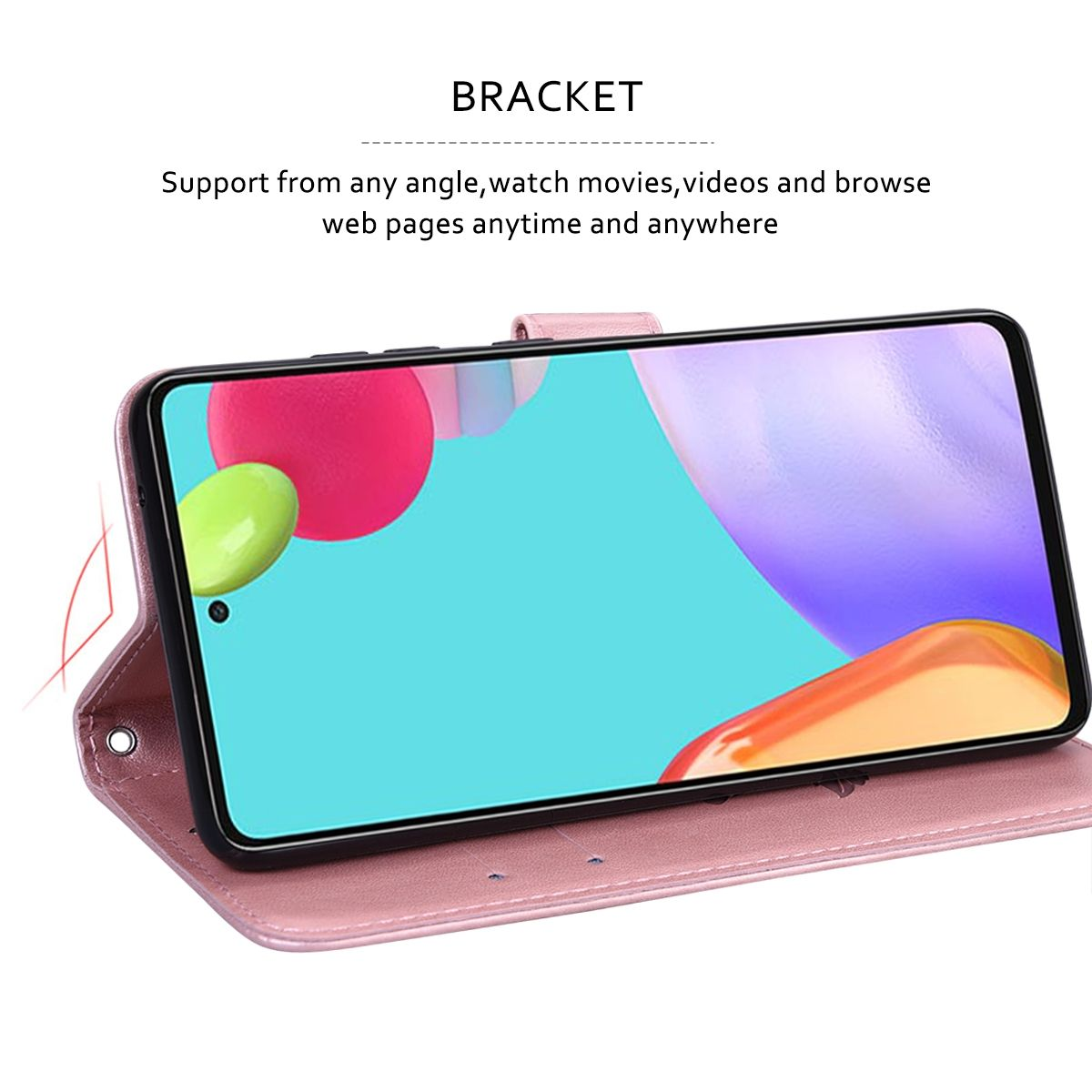 Ein Telefon in einer rosa Hülle, nach oben geneigt, um einen Ständer zu bilden. Der Hintergrund ist hellrosa.