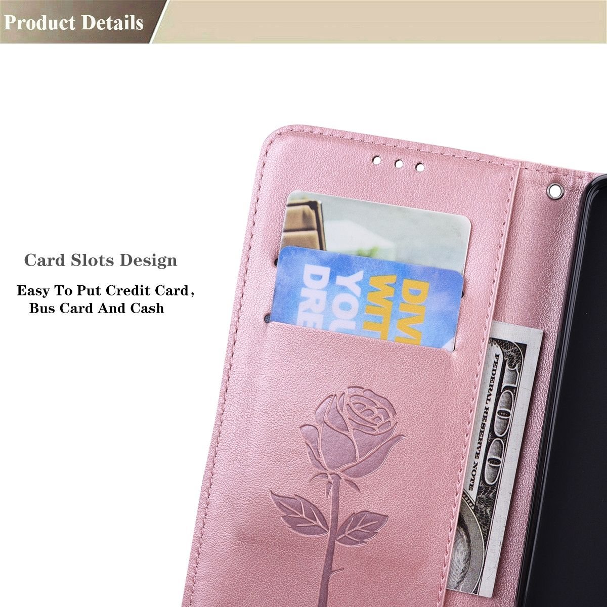 Rosa Handyhülle mit Rosendesign. Die Hülle ist geöffnet und enthält Karten und Bargeld.