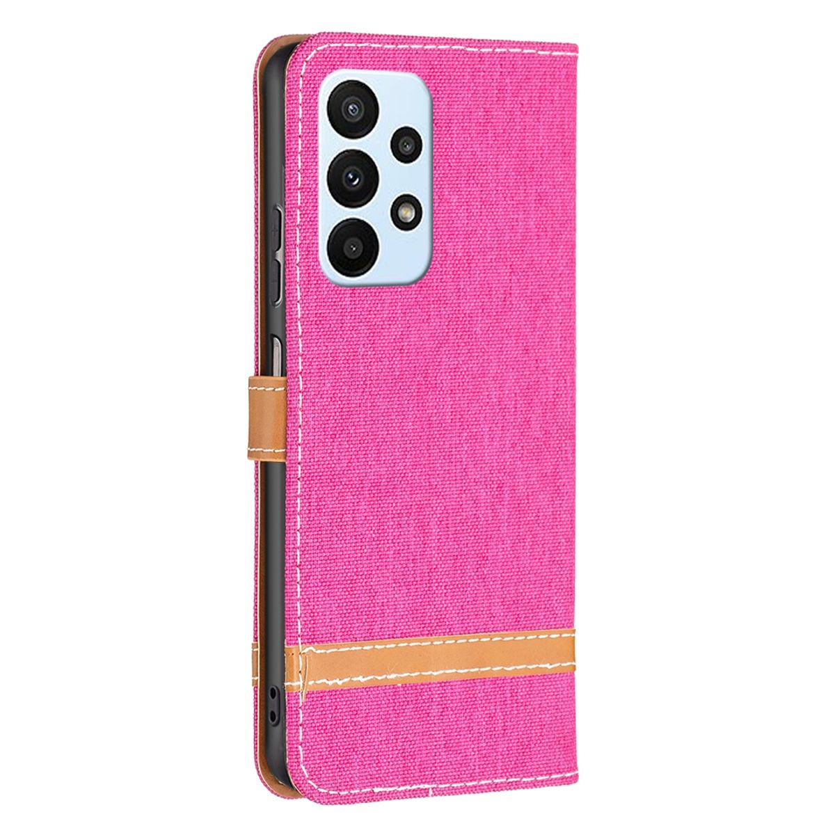 Eine pinke Handyhülle mit einem beigen Streifen und einem Telefon darin. Es hat eine Kamera.