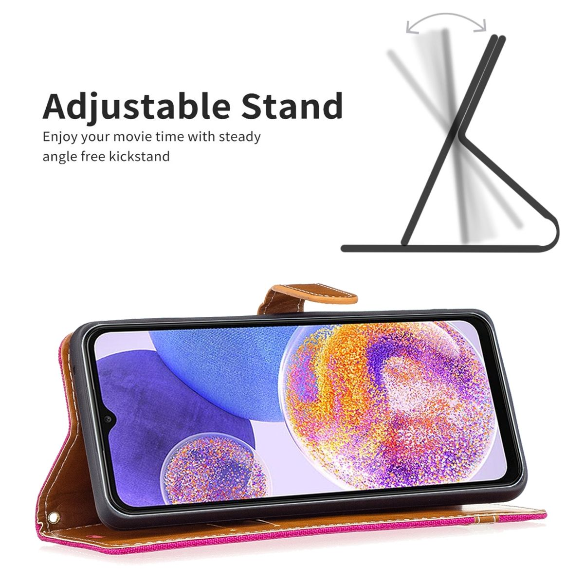 Pinke Handyhülle mit offenem Bildschirm, der ein Telefon mit Design zeigt.