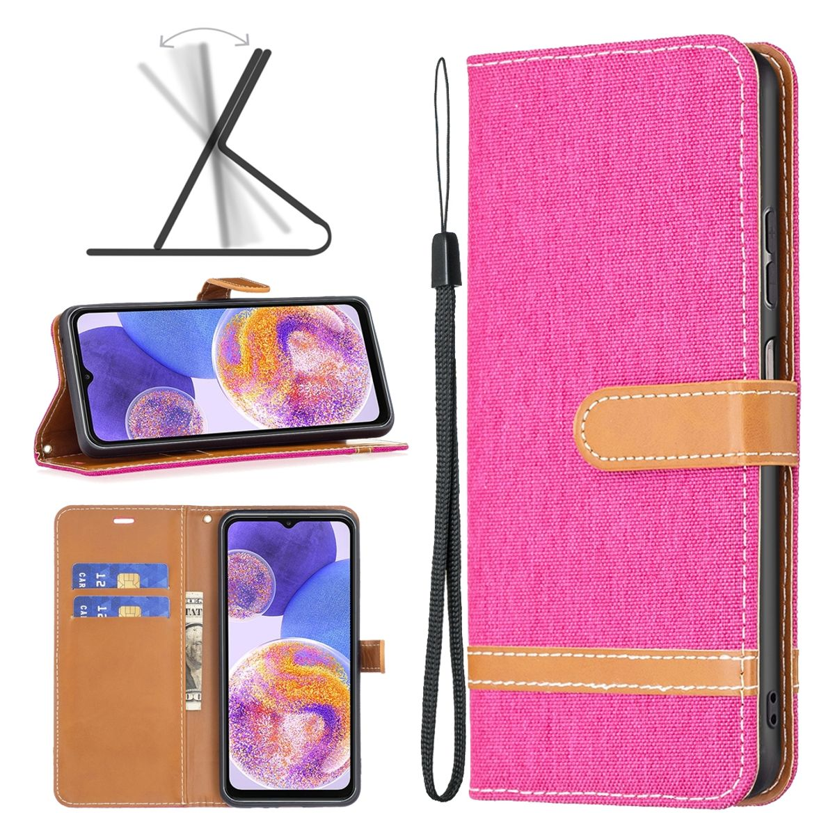 Rosa Handyhülle, geöffnet, um Telefon, Karten und einen Geldschein zu zeigen, mit Riemen und Ständer.