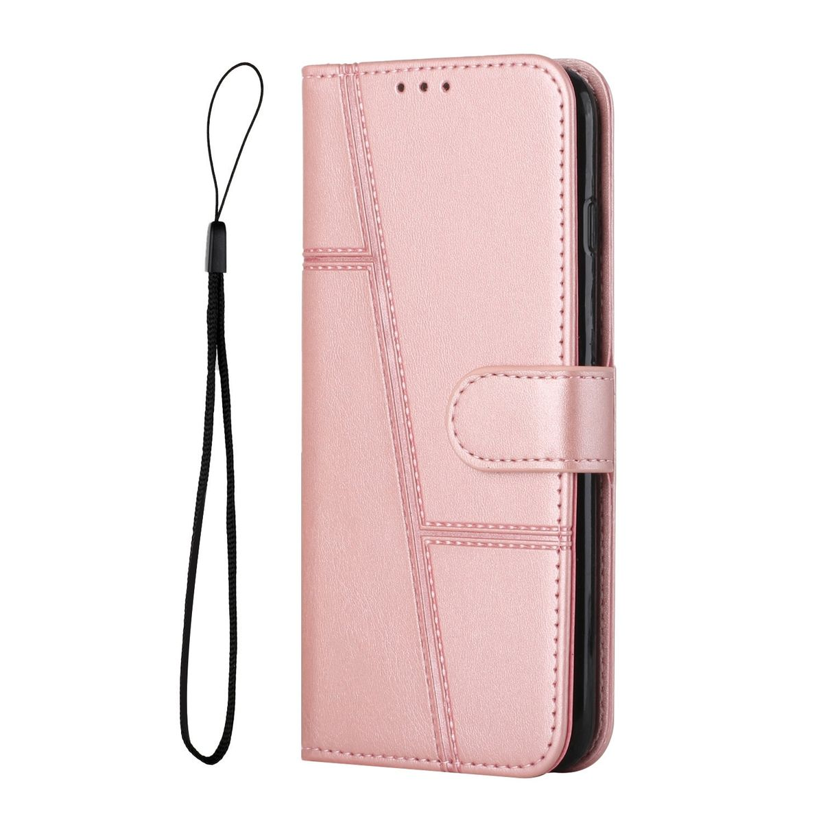 Eine rosa Handyhülle mit geometrischem Design, geschlossen. Es hat einen Riemen und ein Schlüsselband.