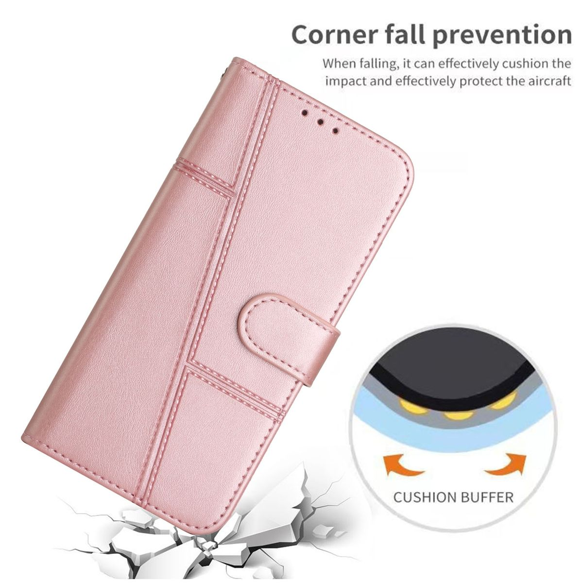 Eine rosa Handyhülle, geschlossen, mit Design. Der Text sagt Eckfallschutz und Kissendämpfer.
