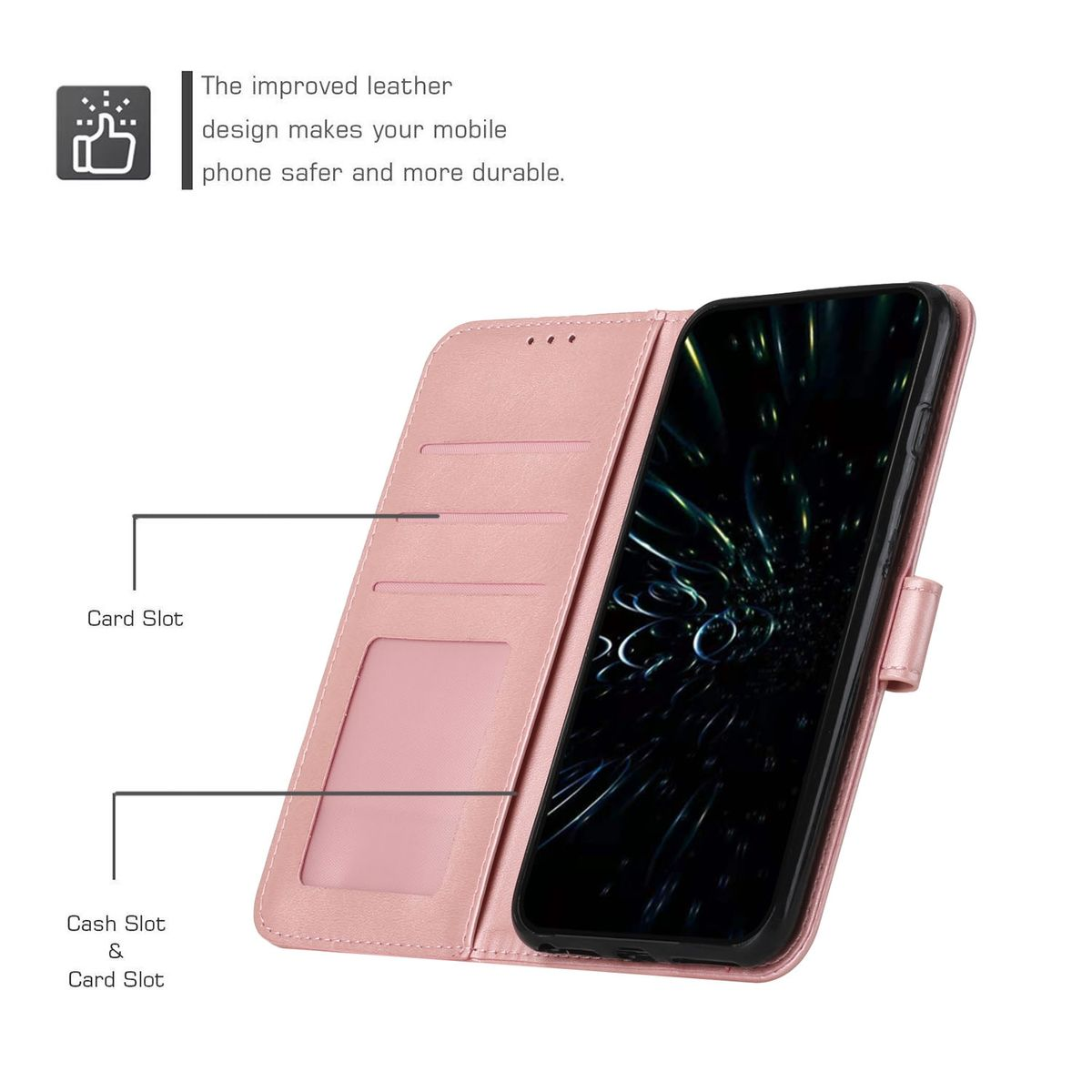 Geöffnete rosa Handyhülle mit Karten- und Geldfächern, Telefon mit schwarzem Bildschirm.