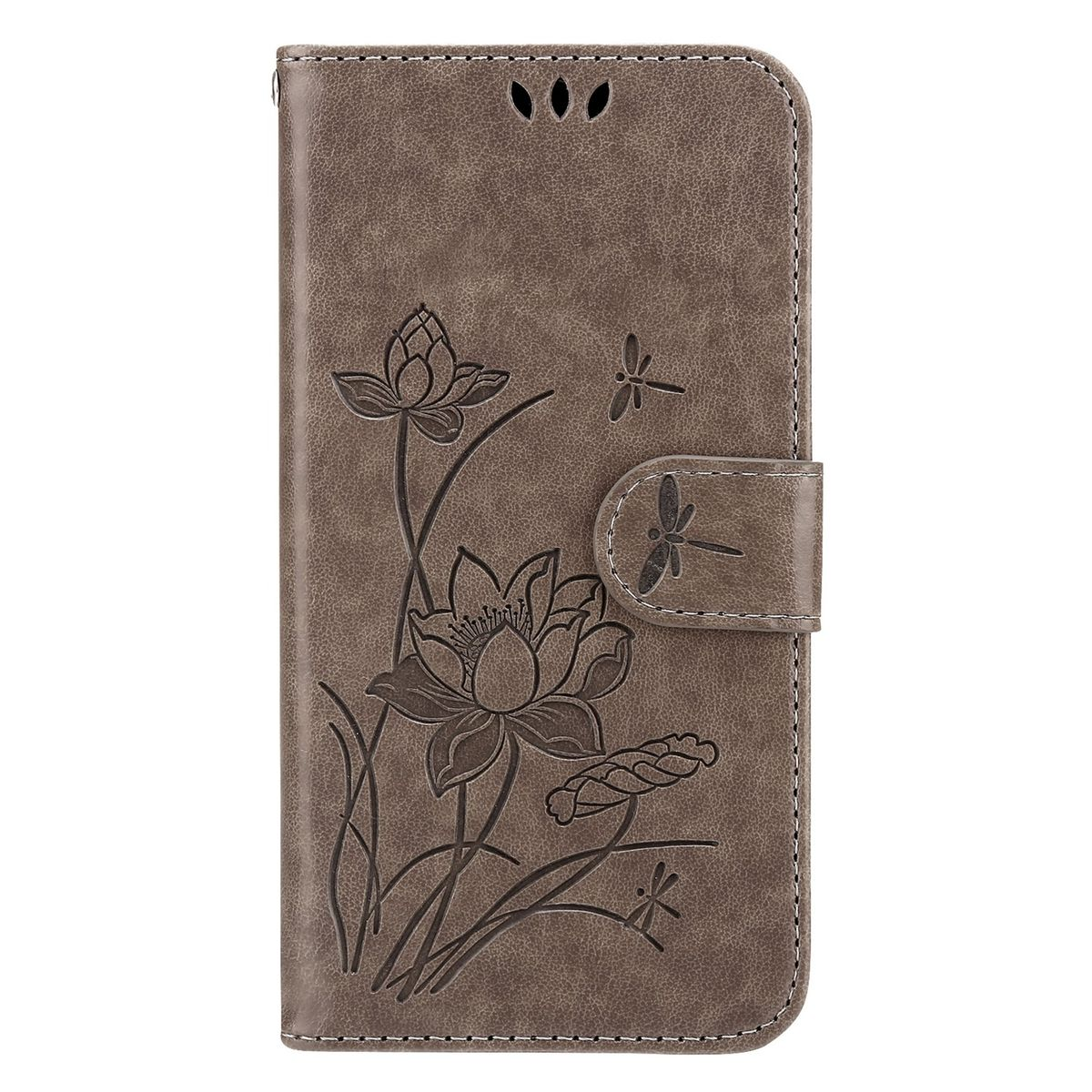 Braune Handyhülle geschlossen, mit floralem Design und einer Libelle. Die Hülle ist geschlossen.