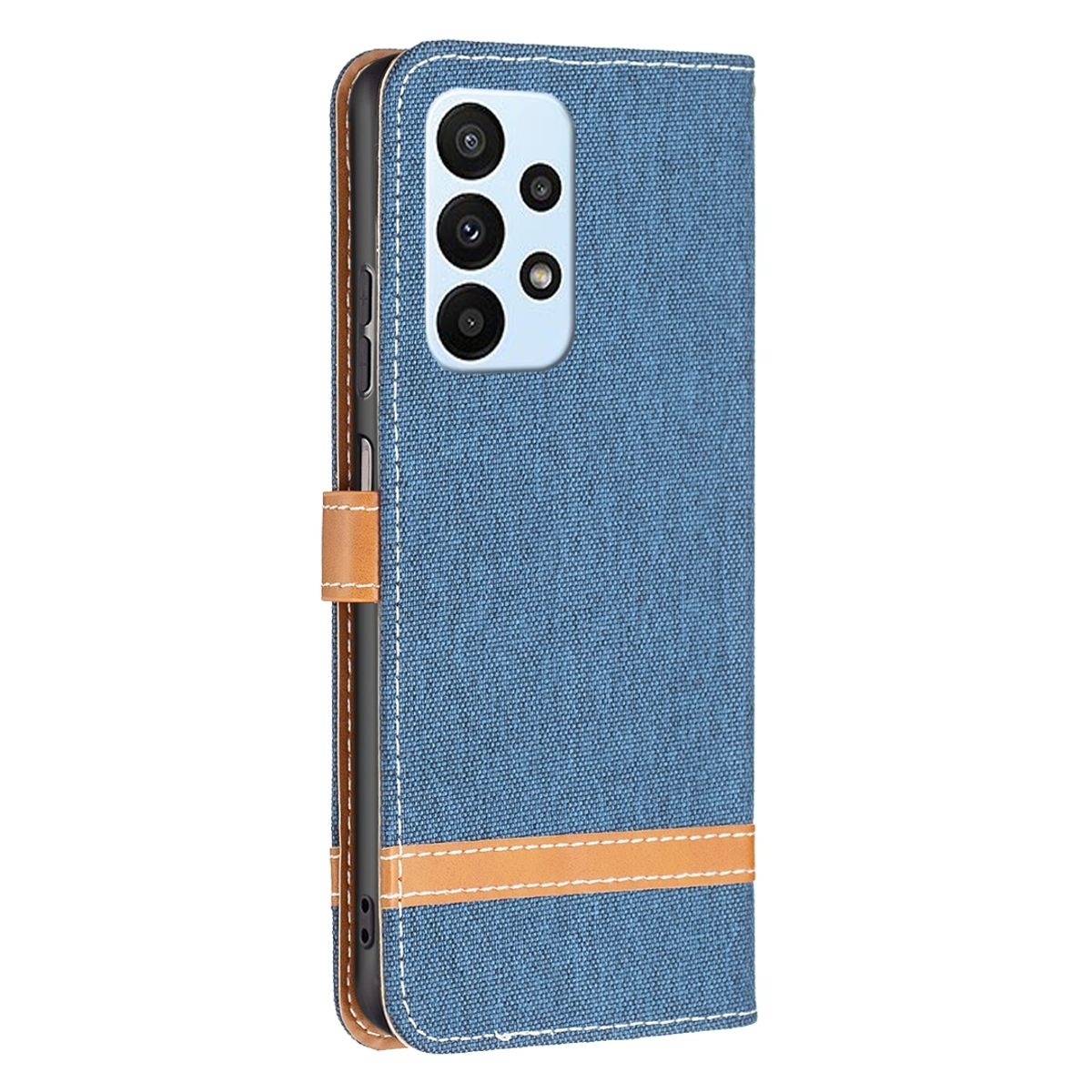 Blaue Handyhülle mit braunem Riemen und Nähten, das Telefon teilweise zeigend.