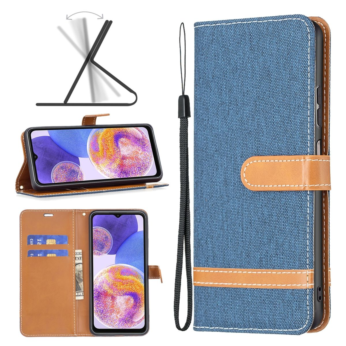 Mehrere Bilder: Blaue und braune Handyhülle mit Telefon, Karten und Handschlaufe.