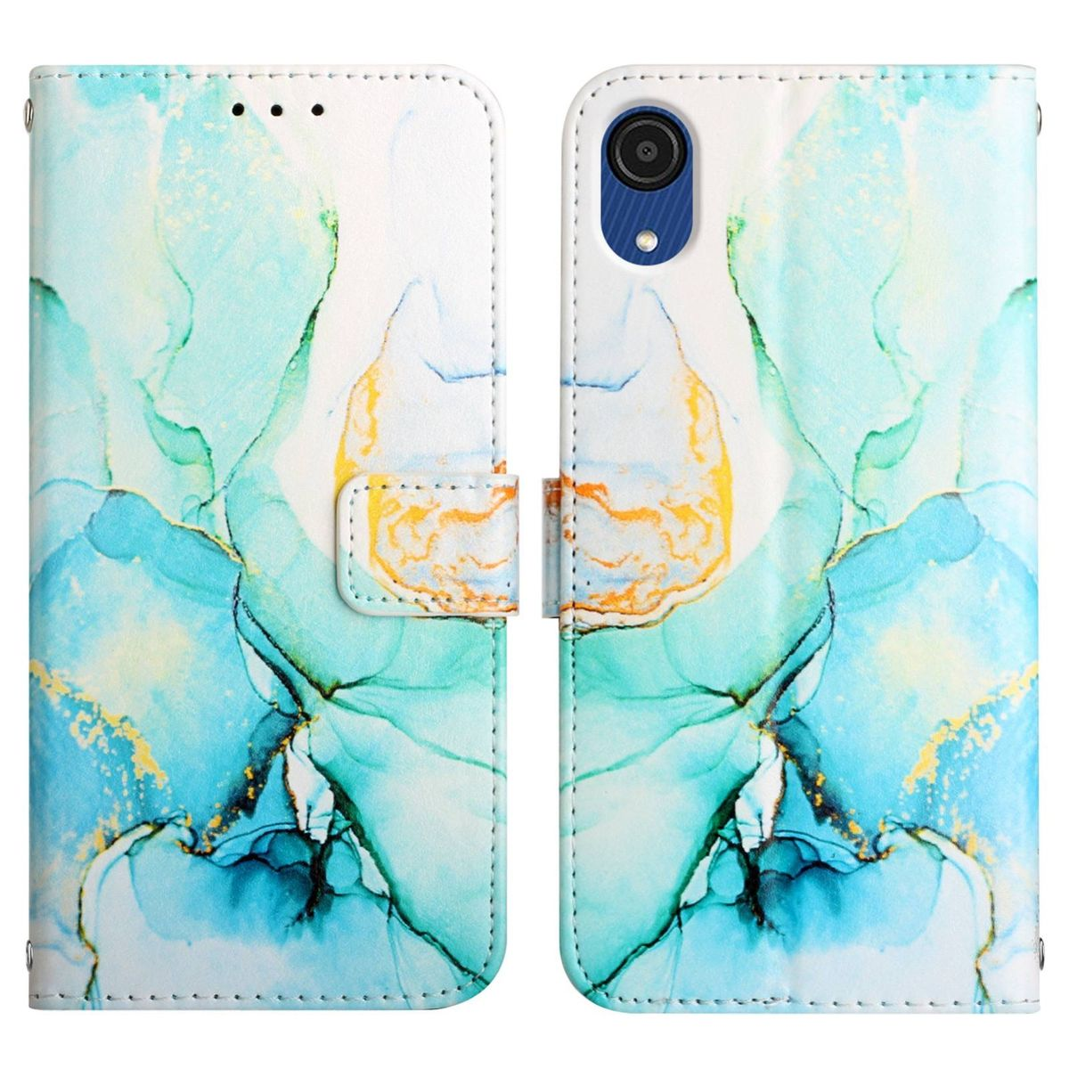 Eine Handyhülle mit einem abstrakten blau-grünen Design, geöffnet, um ein Telefon im Inneren zu zeigen.