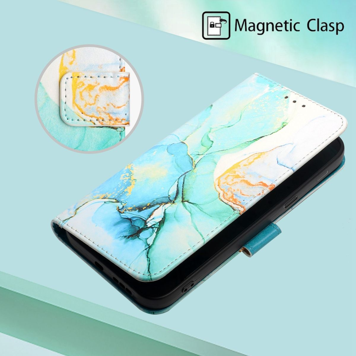 Telefonhülle mit abstraktem Design ist geöffnet und zeigt das Telefon. Es hat einen Magnetverschluss.