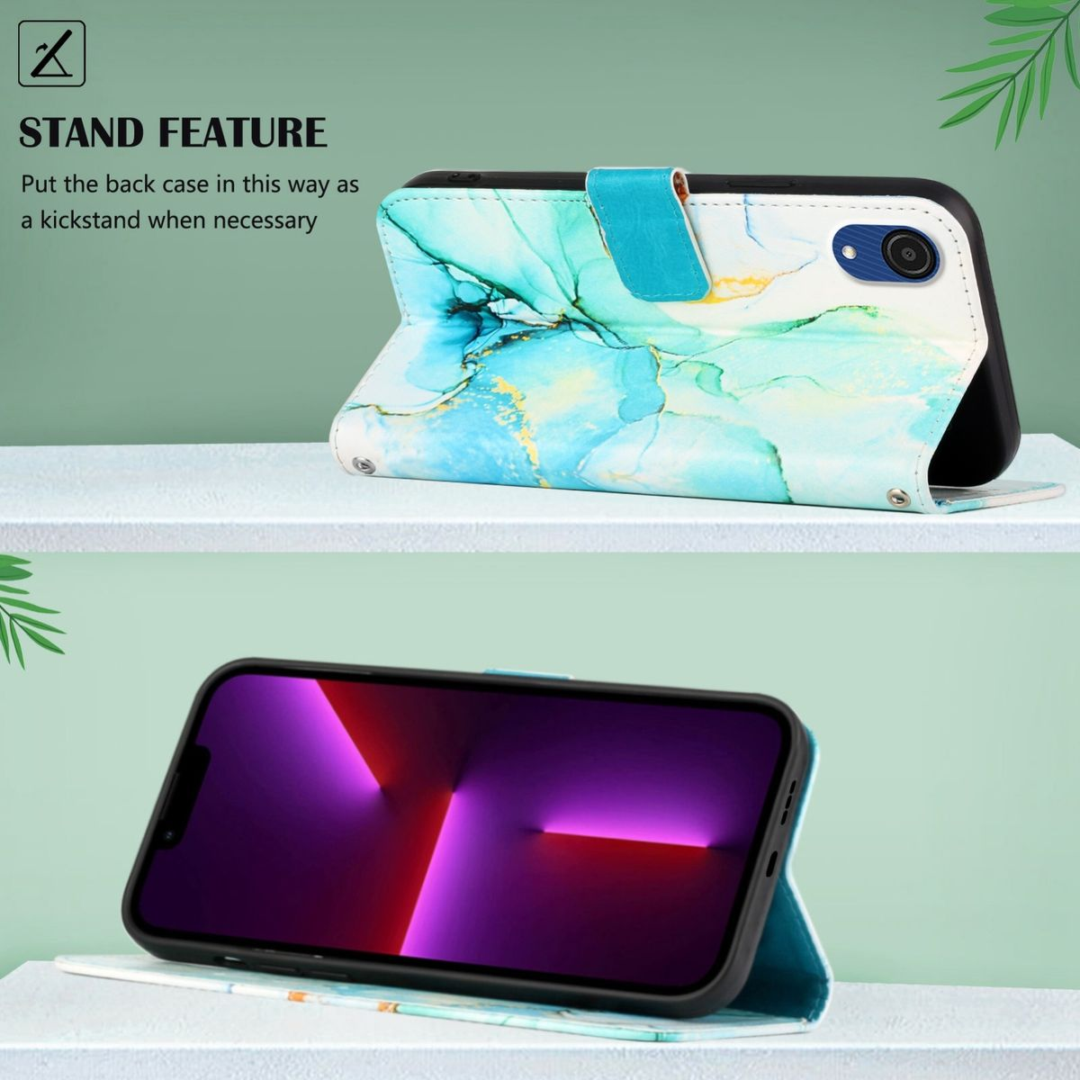 Eine Handyhülle mit Marmordesign. Das Telefon ist darin. Es gibt ein Regal und einen grünen Hintergrund.