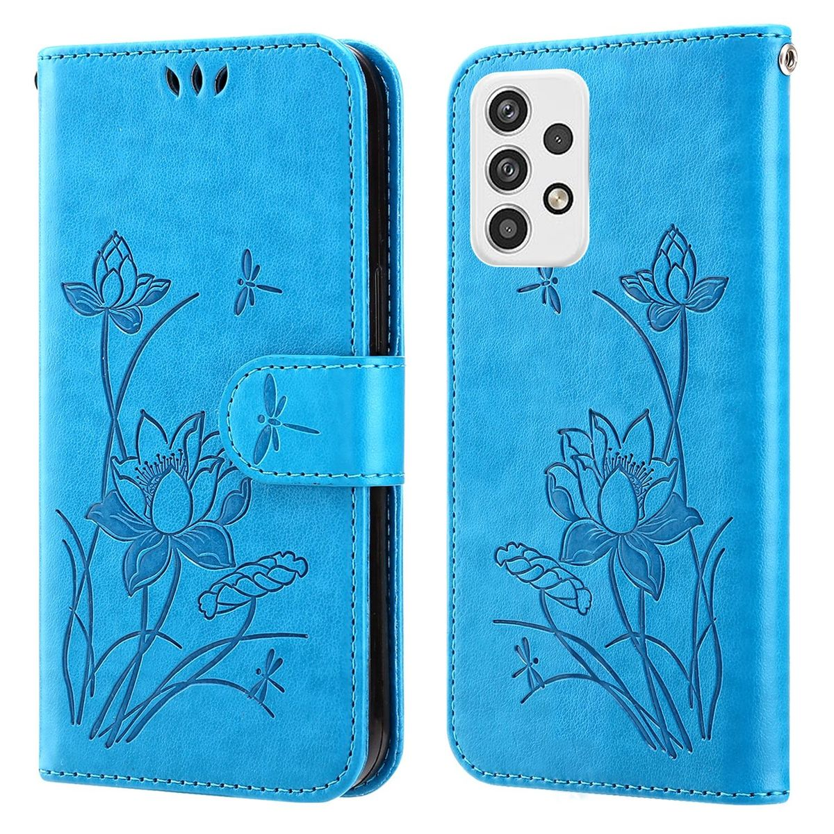 Blaue Handyhülle mit Lotusblumen-Design und geprägten Libellen.