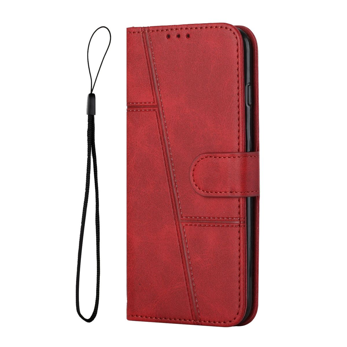 Rote Leder-Handyhülle mit Riemen. Vertikales Design mit Stepplinien und Magnetverschluss.