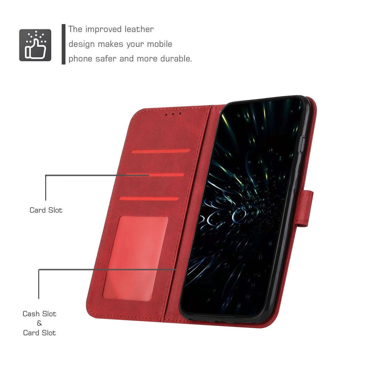 Rote Handyhülle geöffnet, mit Karten- und Geldfächern. Text: "Card Slot" und "Cash Slot & Card Slot".
