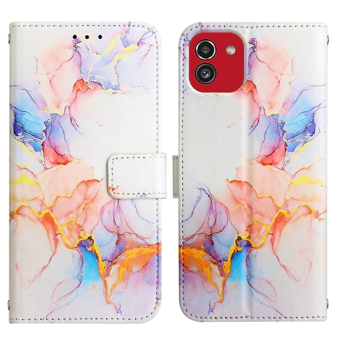 Eine Handyhülle mit einem farbenfrohen, abstrakten Design, geöffnet, um ein Telefon im Inneren zu zeigen.
