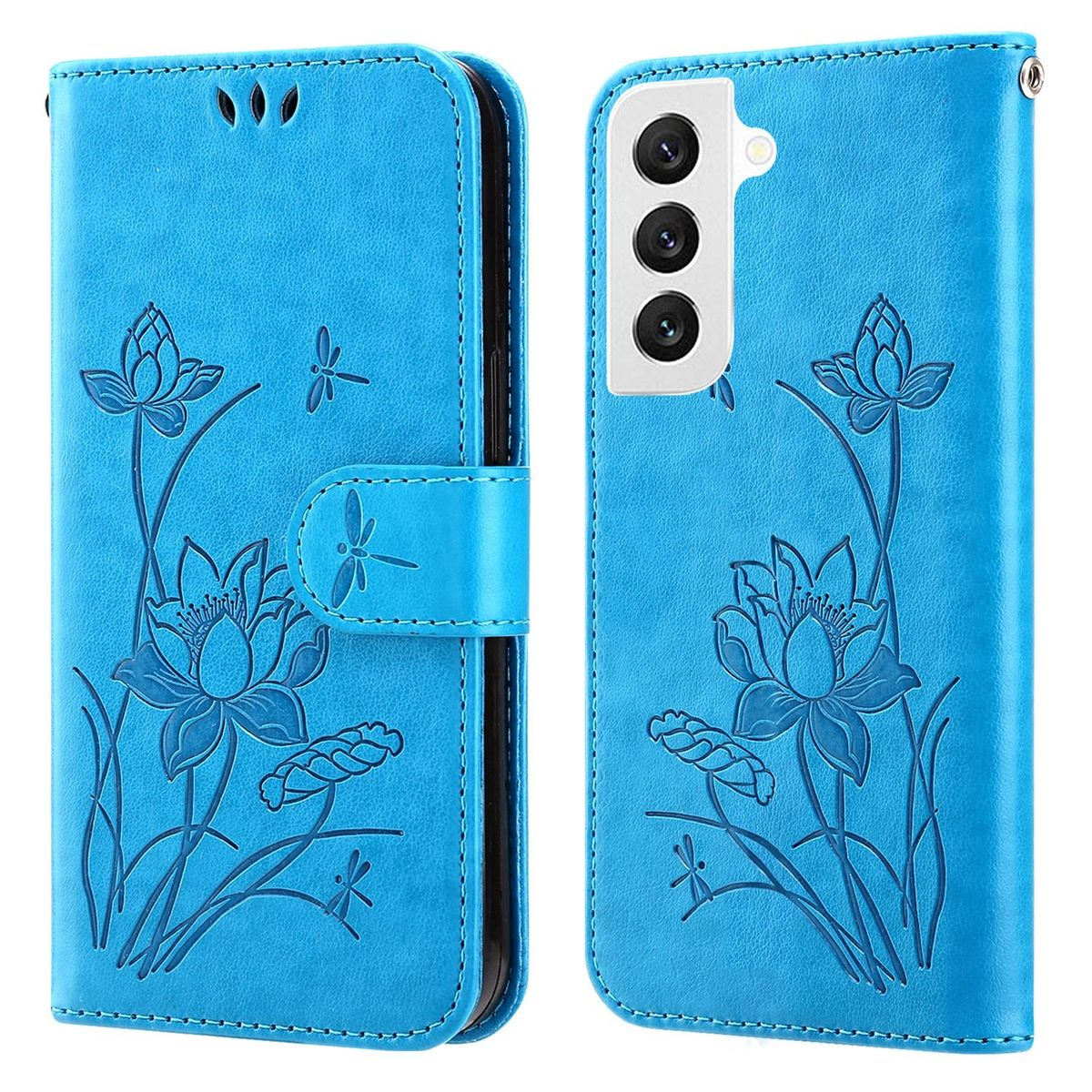 Blaue Handyhülle mit Lotusdesign, hält ein Telefon. Zeigt offene und geschlossene Ansichten.