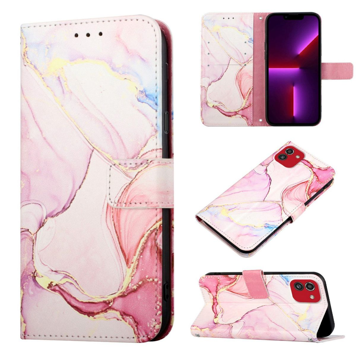 Eine rosa Marmor-Handyhülle in mehreren Ansichten. Es ist eine Hülle im Folio-Stil mit Magnetverschluss und Kartenfächern.
