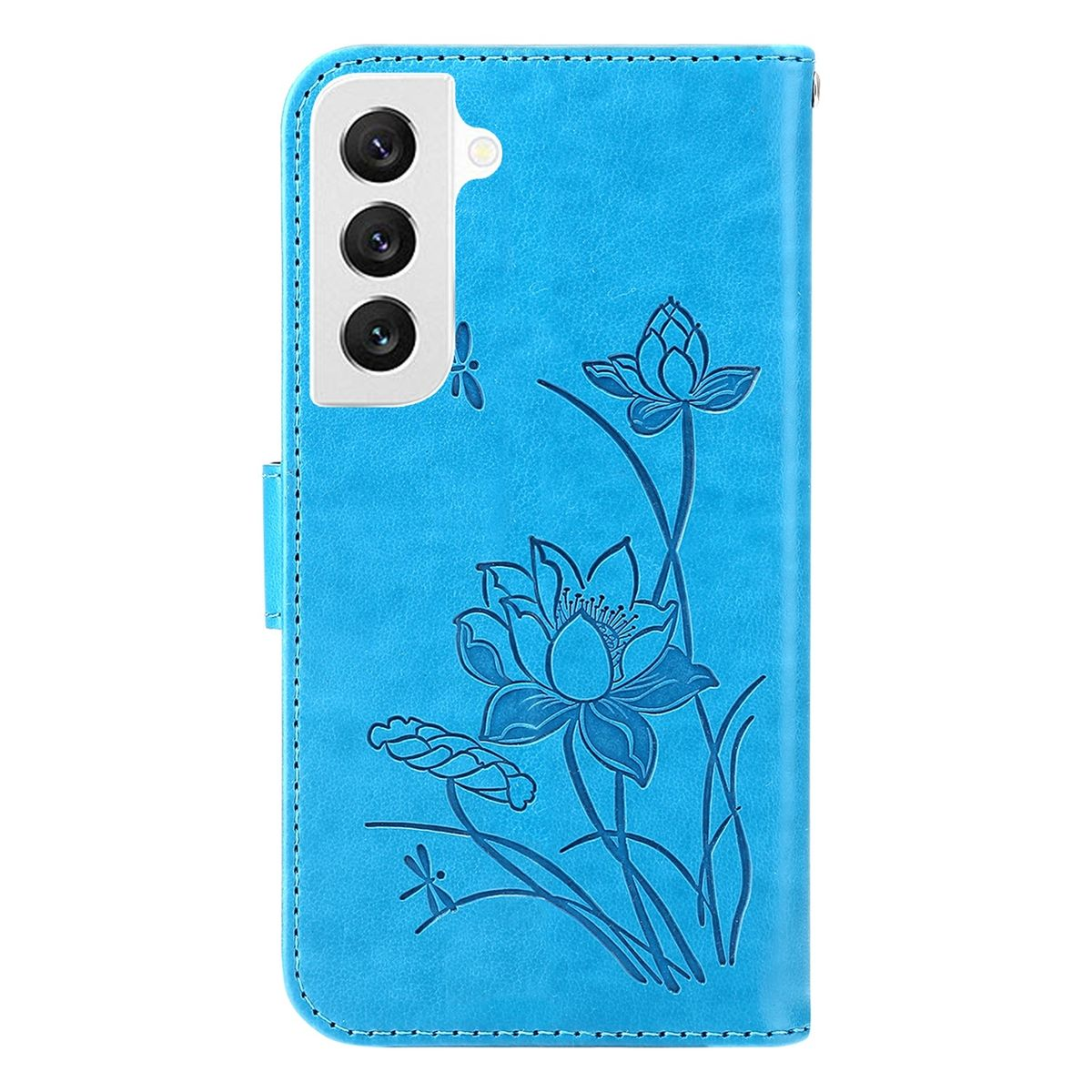 Blaue Handyhülle mit Telefon. Blumendesign. Drei Kameralinsen auf der Rückseite des Telefons.