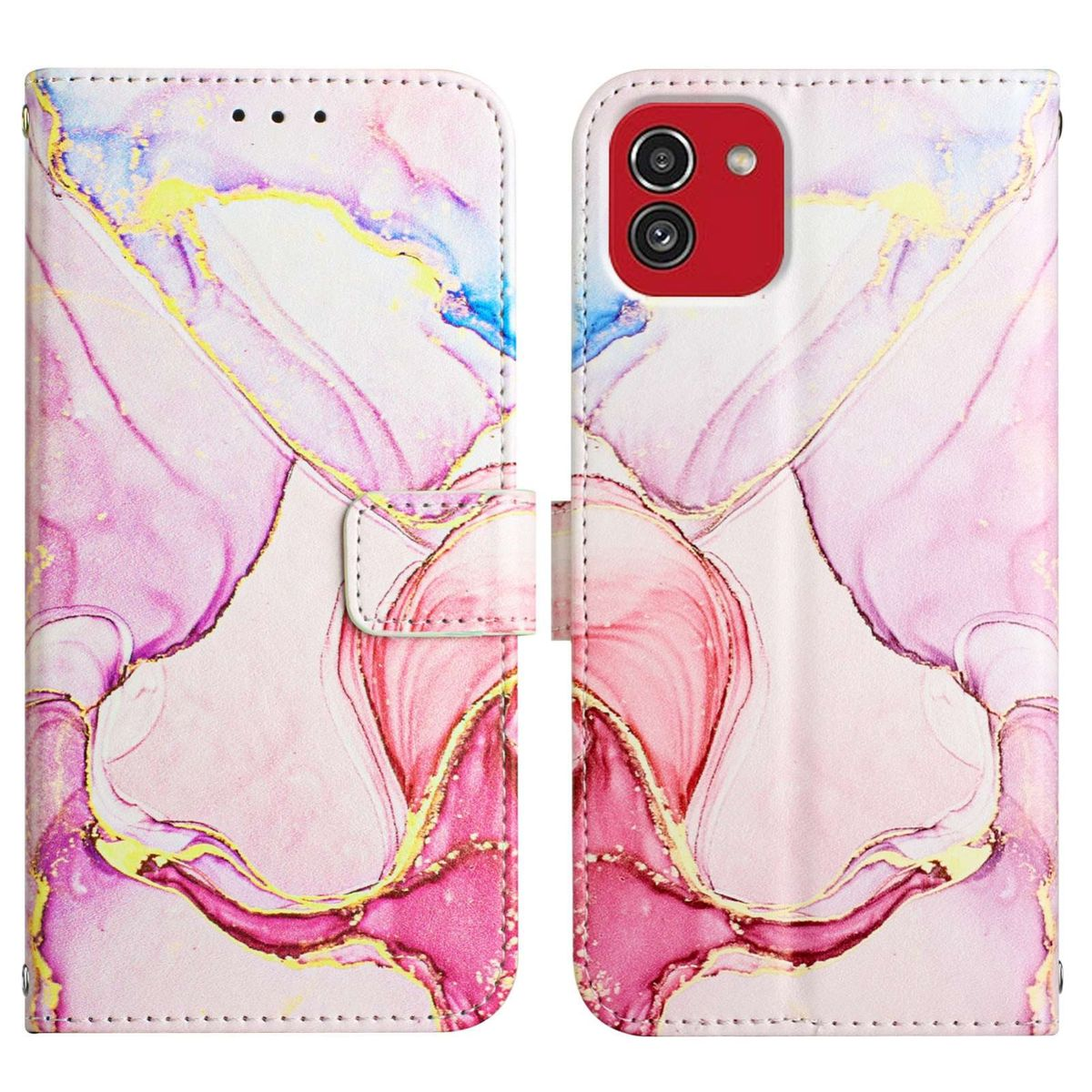 Offene Handyhülle mit abstraktem rosa, blauem und goldenem Design. Weißer Hintergrund.
