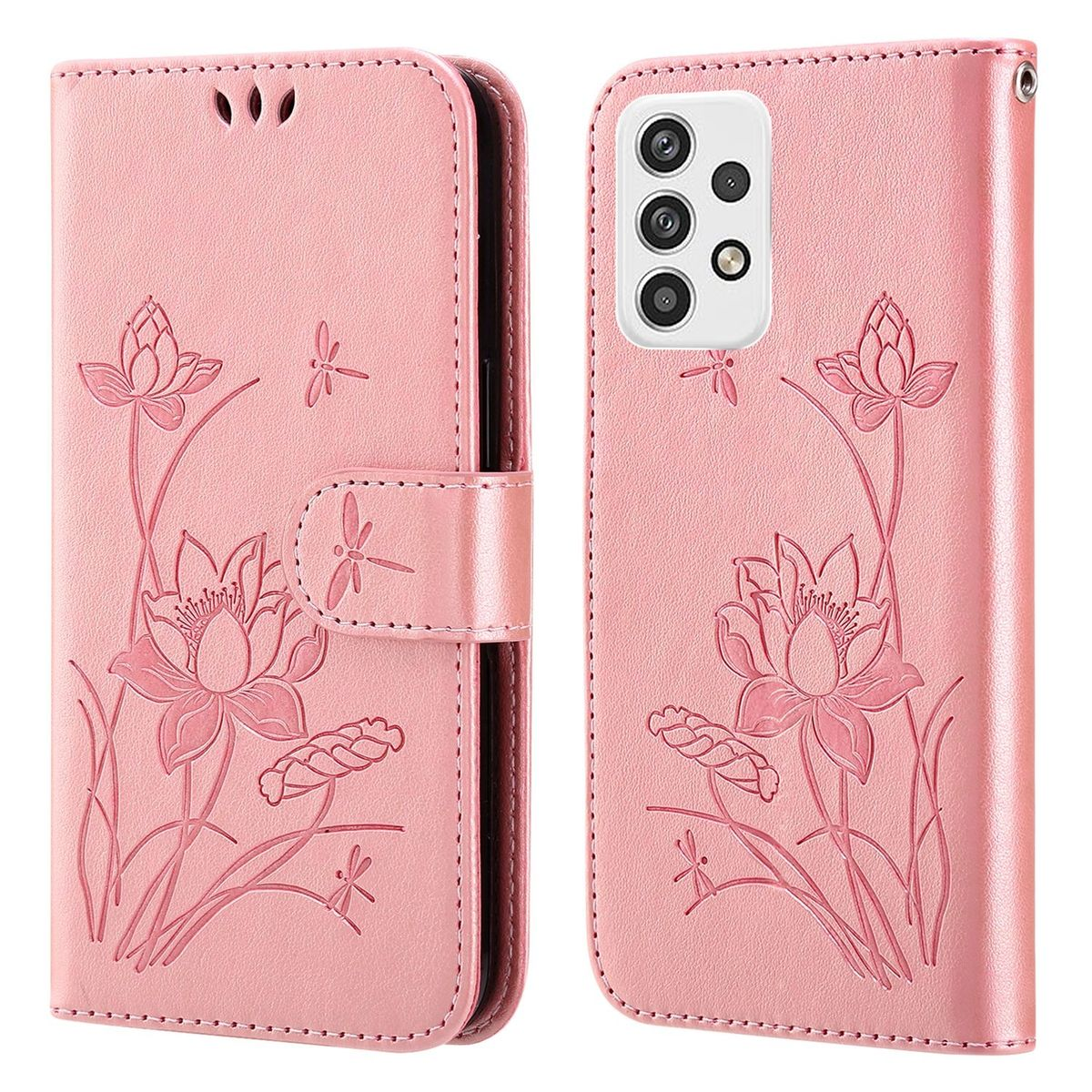 Rosa Handycase mit geprägtem Lotus- und Libellen-Design, zeigt das Telefon im Inneren.