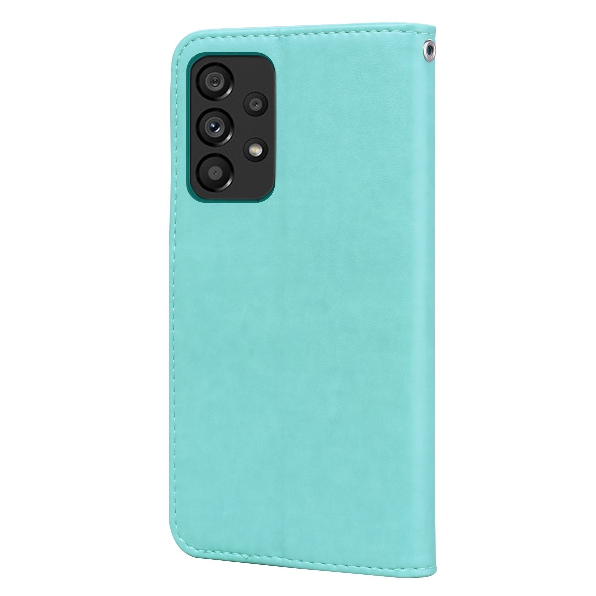 Blaue Handyhülle, offen. Telefon eingesetzt, Kartenfächer. Hülle ist hellblaues Leder.