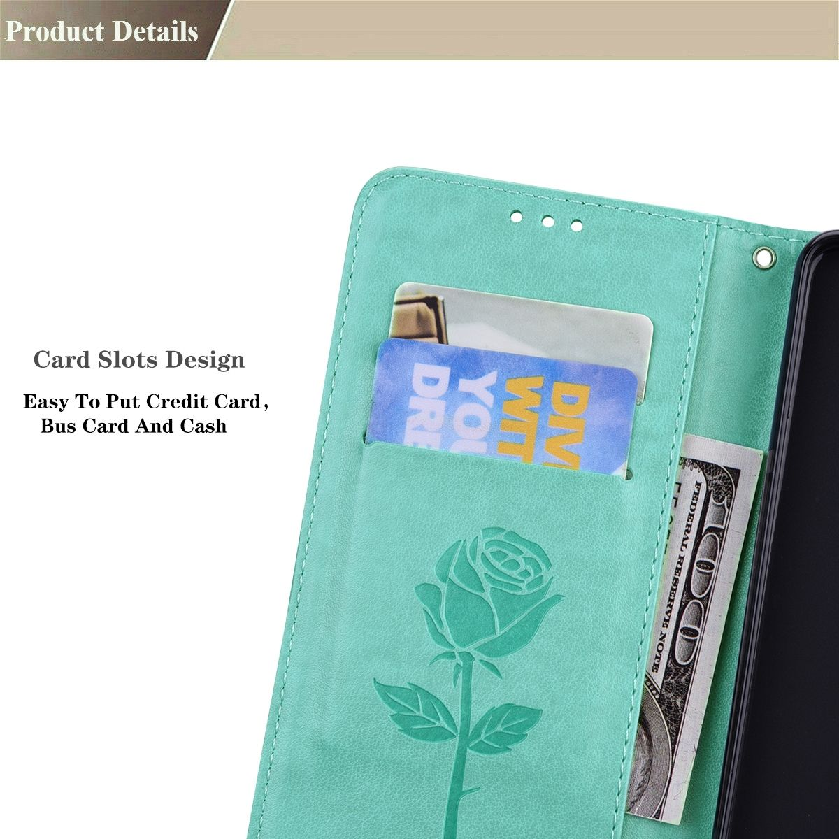 Eine Handyhülle mit Kreditkarte und Dollarnote in der Tasche.