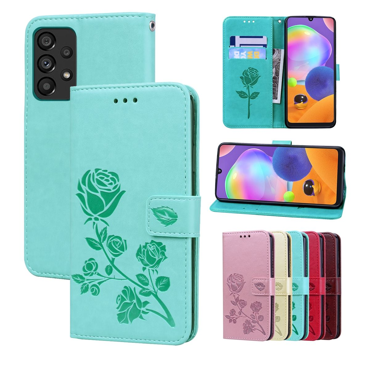 Mehrere Handyhüllen in verschiedenen Farben. Hüllen mit Rosendesign, mit Telefon in einer.