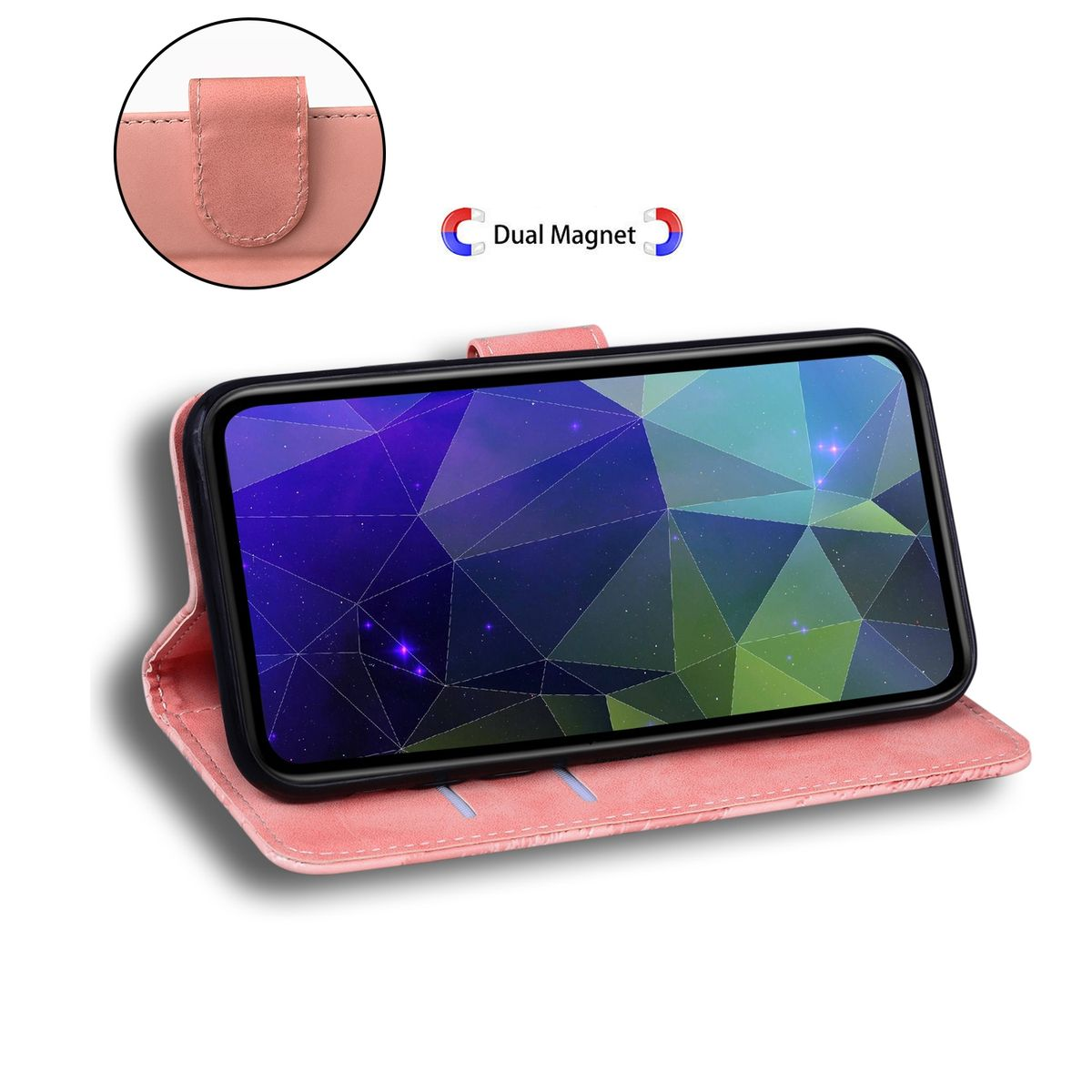 Geöffnete rosa Handyhülle mit Telefon. Auf der Seite ist ein Dual-Magnet beschriftet.