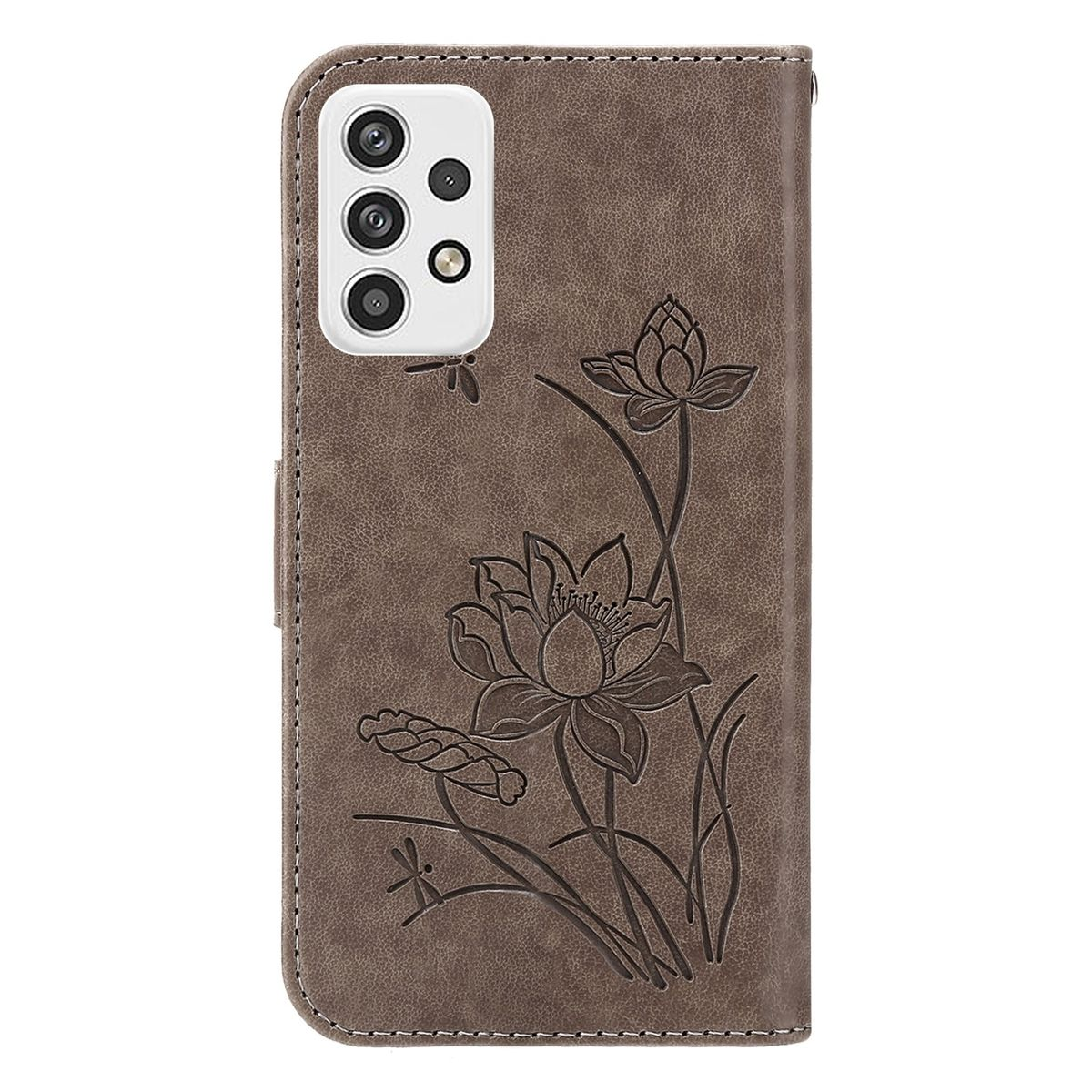 Eine braune Handyhülle zeigt ein Blumenmuster. Die Hülle ist geöffnet und zeigt die Kamera des Telefons und das Muster.