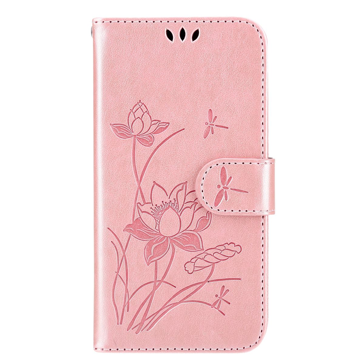Rosa Handyhülle mit Blumendesign. Schmetterlinge und Blumen graviert auf dem Gehäuse.