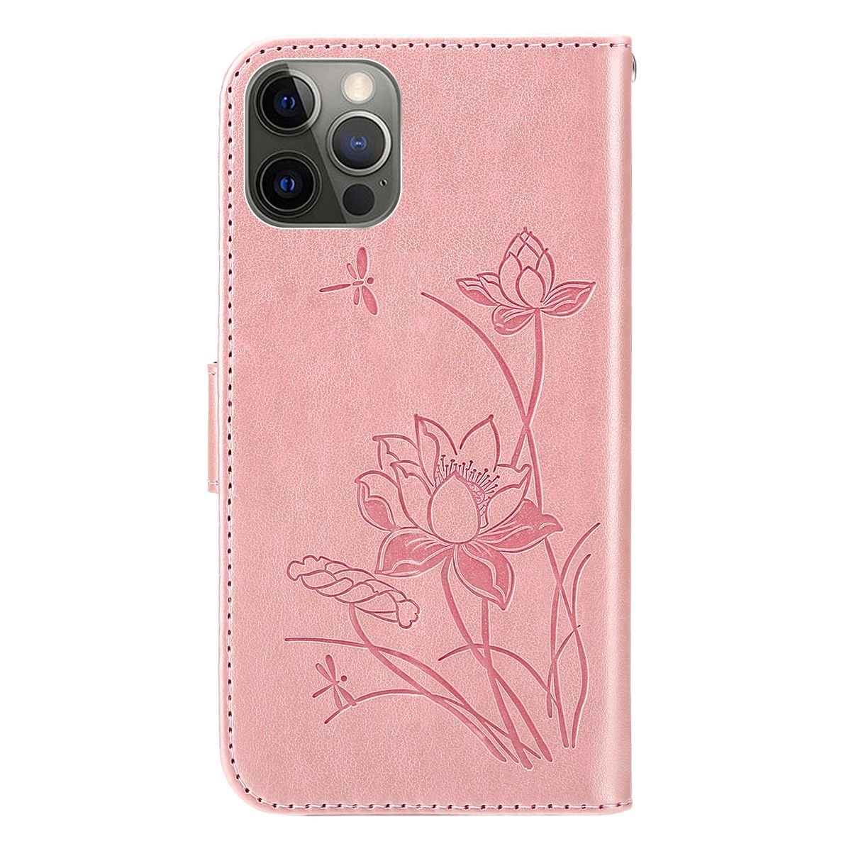 Rosa Handyhülle mit Lotusblumen-Design. Die Hülle ist geschlossen und zeigt Telefondetails.