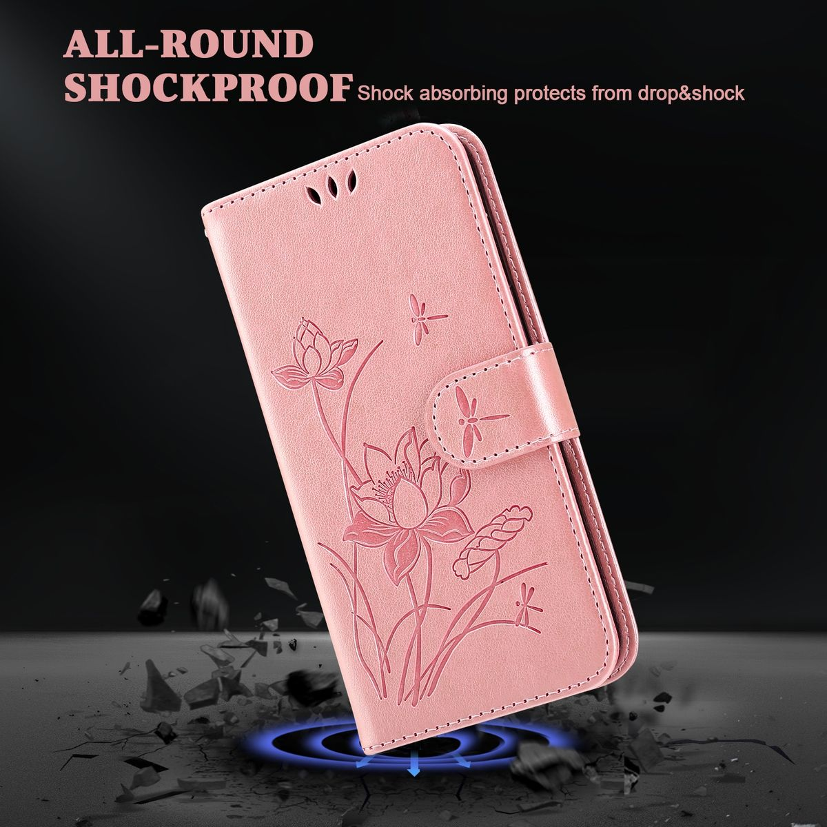 Eine rosa Handyhülle mit floralem Design und Magnetverschluss. Die Hülle ist geöffnet.