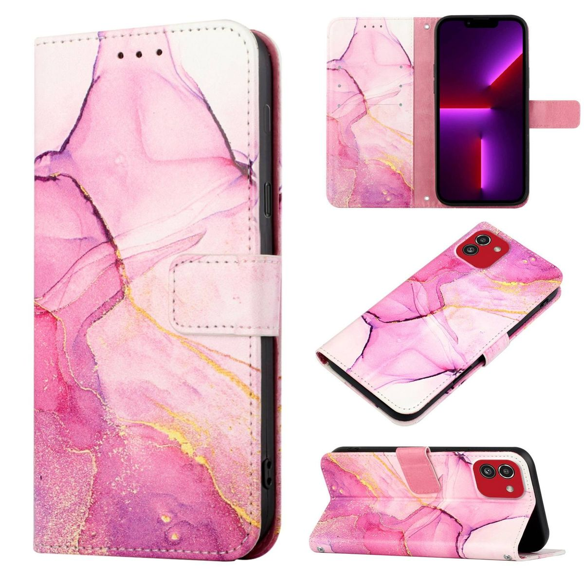 Rosa Handyhülle mit Marmordesign. Die Hülle ist geöffnet und zeigt ein Telefon.