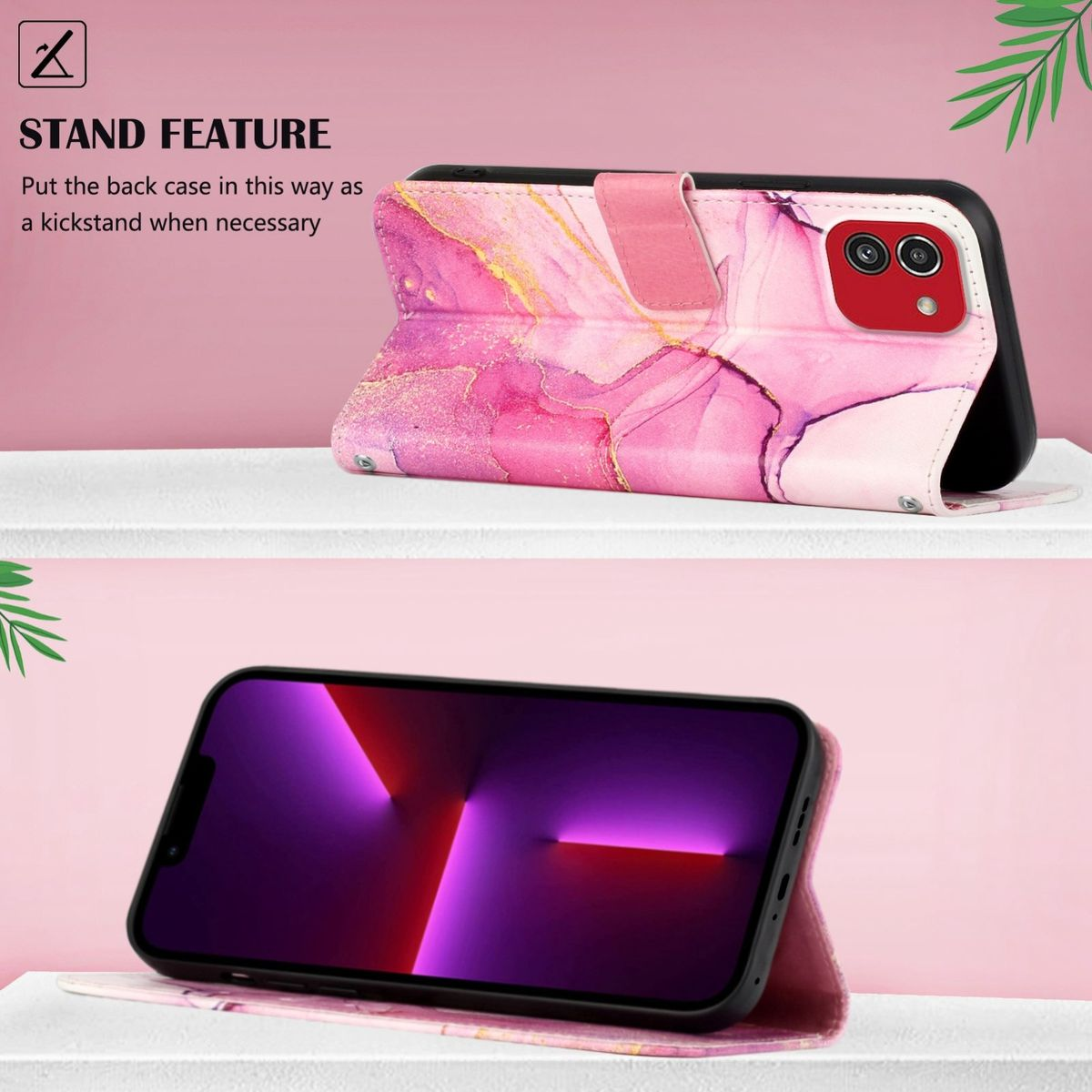 Pinkes Handycase mit abstraktem Design. Telefon in Standposition auf weißer Oberfläche.
