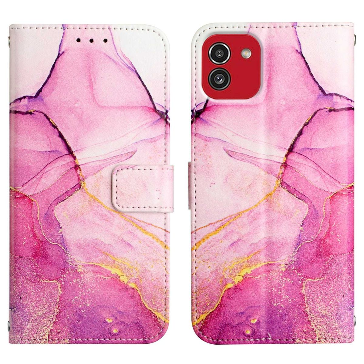 Eine rosa und lila abstrakt gemusterte Handyhülle, geöffnet, um das Telefon zu zeigen.